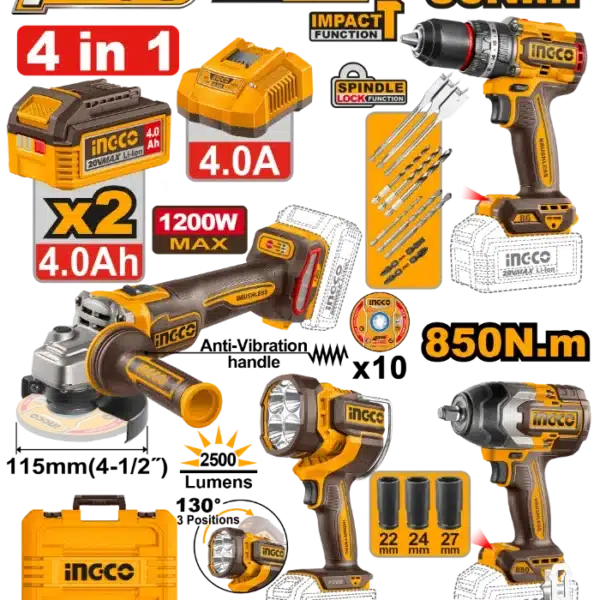 COMBO СЕТ 4/1 20V 2x4.0Ah ШТРАФИЛИЦА 86Nm + АГОЛНА БРУСИЛКА 1200W + УДАРЕН ОДВРТУВАЧ 850Nm + СВЕТИЛКА 2500LM INGCO COSLI251192