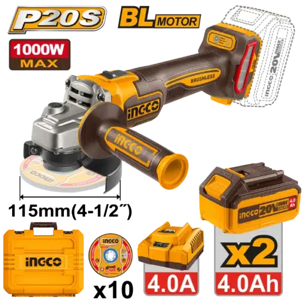 АГОЛНА БРУСИЛКА 20V 2x4.0Ah 115mm 1000W BL INGCO CAGLI271532