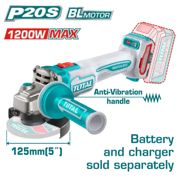 АГОЛНА БРУСИЛКА 20V 125mm СОЛО БЕЗ БАТЕРИИ 1200W АНТИВИБРАЦИОНА РАЧКА TOTAL TAGLI212027