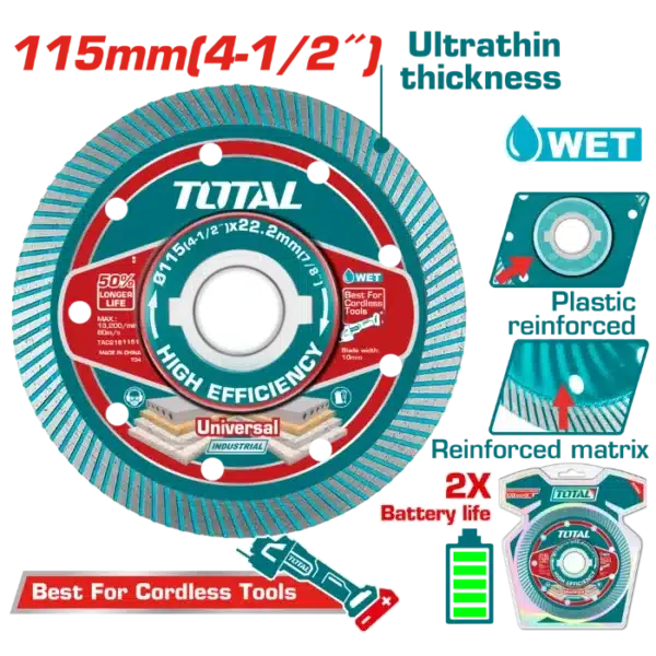 ДИЈАМАНТСКИ ДИСК 115mm УНИВЕРЗАЛЕН ТЕНОК ЗА БАТЕРИСКИ АЛАТ TOTAL TAC2151151
