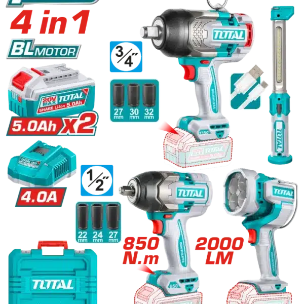 COMBO СЕТ 3/1 УДАРНИ ОДВРТУВАЧИ 1350Nm+850Nm+СВЕТИЛКА TOTAL TOSLI250782