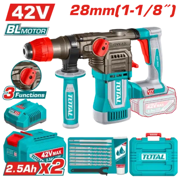 УДАРЕН ЧЕКАН ДУПЧАЛКА SDS+ 28mm 42V 2x2.5Ah TOTAL TRHLI422882