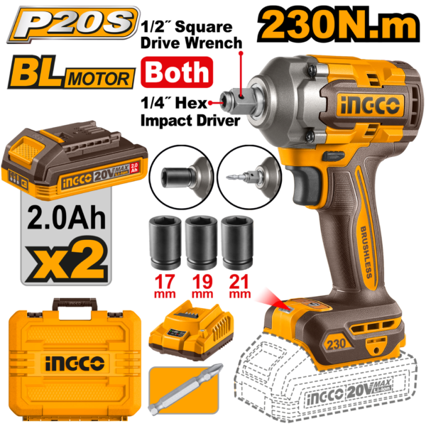 УДАРЕН ОДВРТУВАЧ 230Nm 20V 2x2.0Ah БАТЕРИИ INGCO CIWLI20236