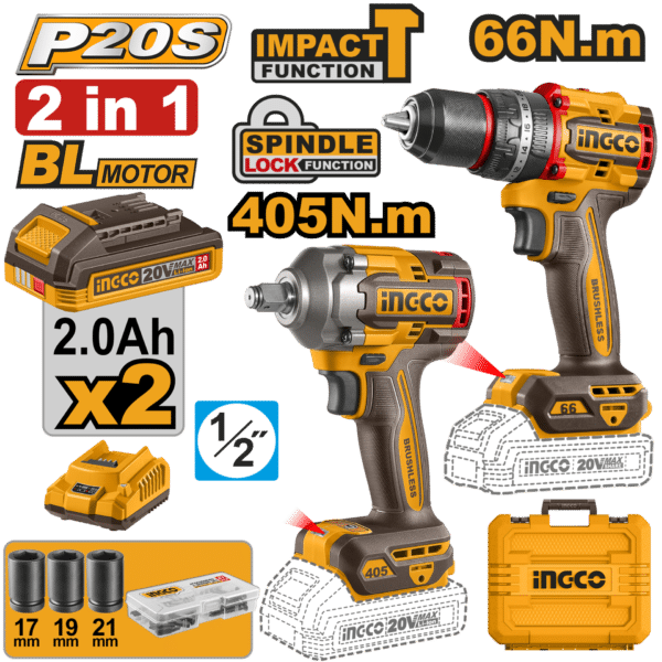 COMBO СЕТ 2/1 20V ШТРАФИЛИЦА 66NM + УДАРЕН ОДВРТУВАЧ 405NM 2x2.0Ah INGCO CKLI20286