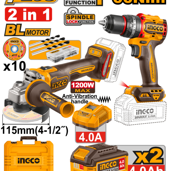 COMBO СЕТ 2/1 ШТРАФИЛИЦА 66Nm + АГОЛНА БРУСИЛКА 20V 2x4.0Ah INGCO CKLI20256