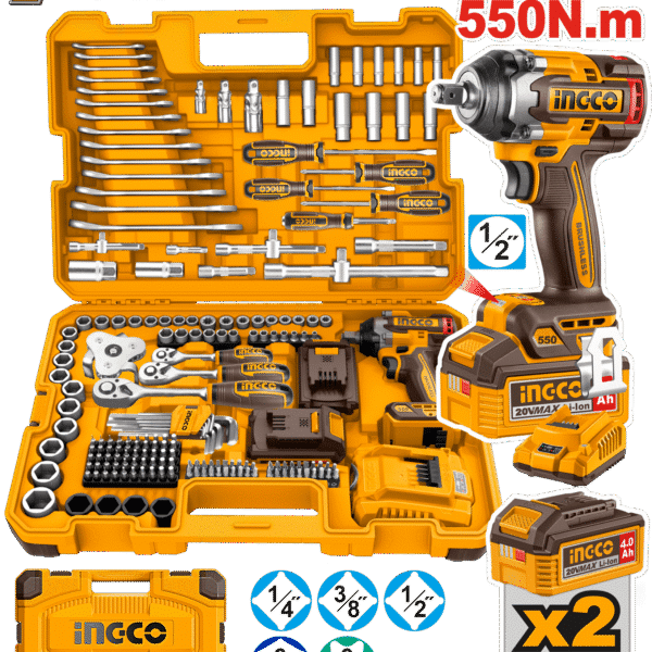 СЕТ 172PCS УДАРЕН ОДВРТУВАЧ 550Nm 20V 2x4.0Ah INGCO HKTHP41723
