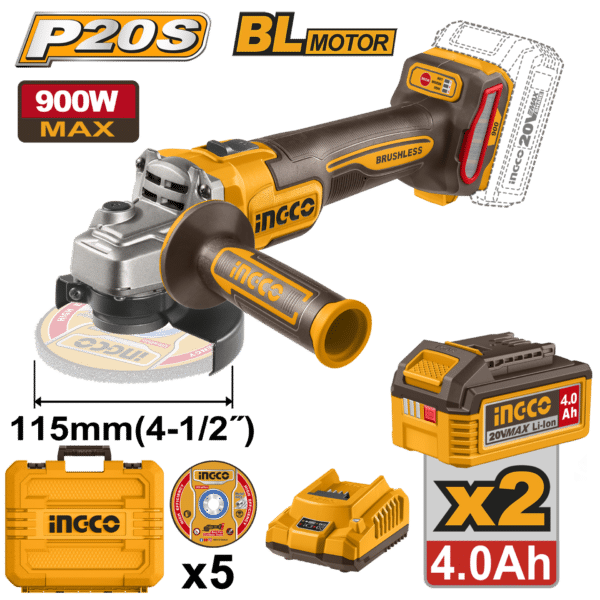 АГОЛНА БРУСИЛКА 900W 20V 2x4.0Ah 115MM INGCO CAGLI261522