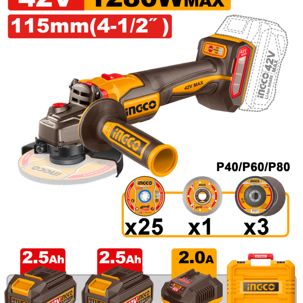 АГОЛНА БРУСИЛКА 42V 1280W 115MM СО 2x2.5Ah INGCO CAGLI4128112