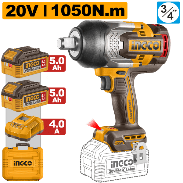 БАТЕРИСКИ УДАРЕН ОДВРТУВАЧ ЗА ГУМИ INGCO 20V 1050NM 2×5.0AH – CIWLI201056