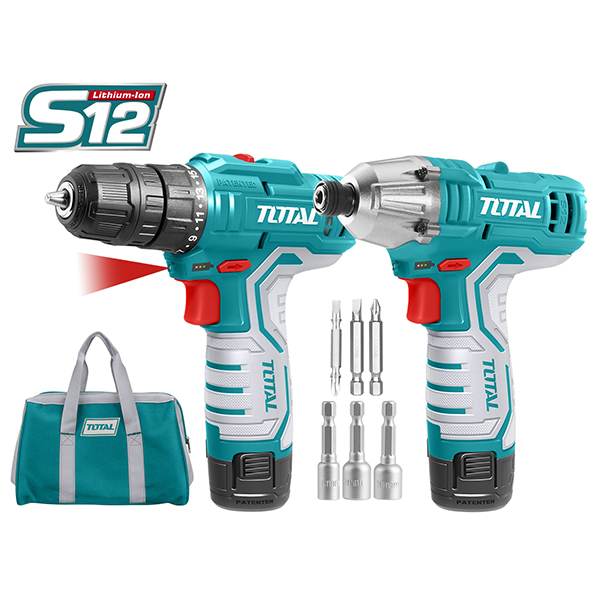 БАТЕРИСКА БОРМАШИНА + УДАРЕН ОДВРТУВАЧ ЗА БИТОВИ TOTAL 12V СЕТ 2/1